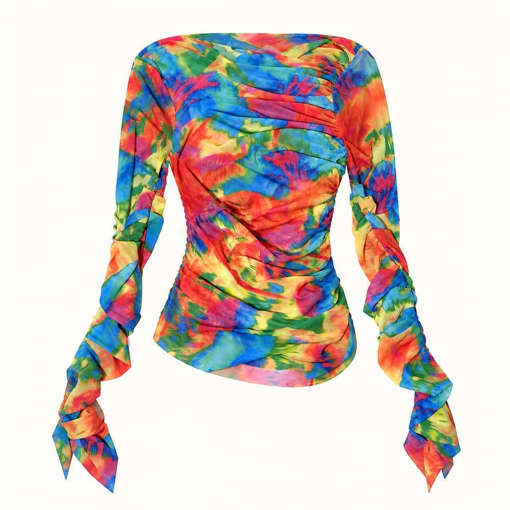 SER.O.YA Janey Long Sleeve Ruched Mesh Top Tie-Dye Rainbow Size XS